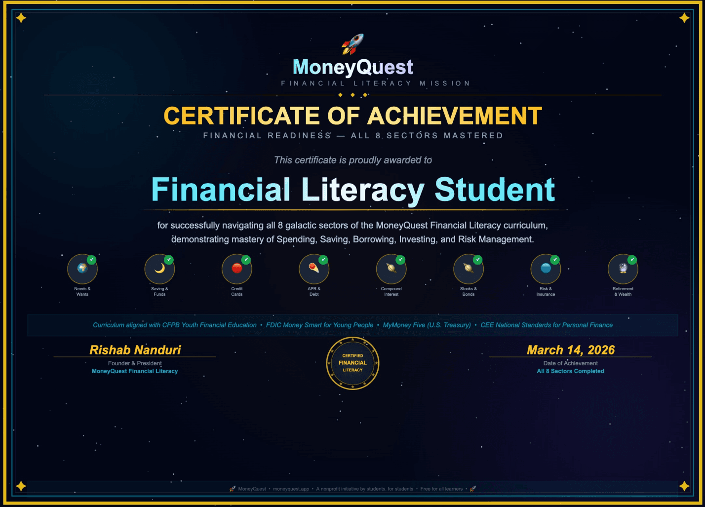 MoneyQuest Certificate of Financial Readiness — signed by Rishab Nanduri, Founder
